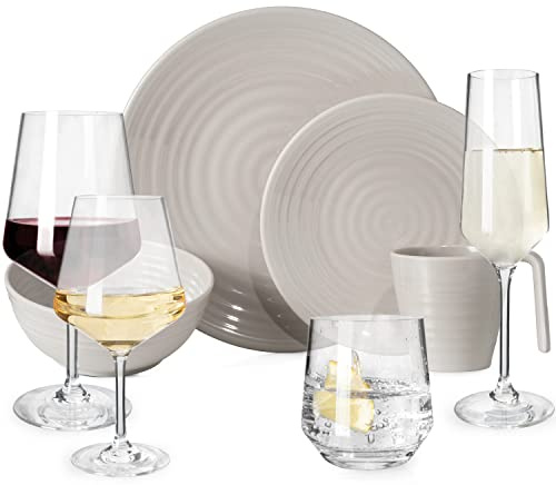 Campingservis för 4 personer. Coffee Design, 16 delar + 16 Milano-glas, vattenglas, vinglas, champagneglas, servis för picknick och BBQ, köksredskap