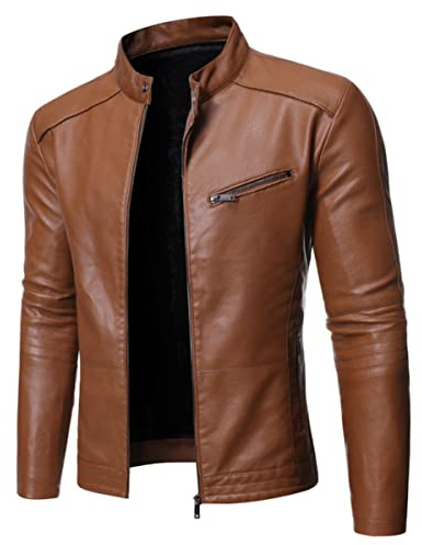 Vagbalena Herren Stehkragen Lederjacke Motorrad Casual Slim Leichter Reißverschluss Motorradjacke Motorrad Leichte Kunstlederjacke (Braun,M)
