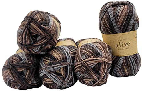 Ilkadim Export 5 x 100 Gramm Sockenwolle Alize Wooltime mehrfarbig, 75% Superwash Wolle, 500 Gramm Strickwolle für Stricksocken und Strümpfe (braun beige grau 11015), wt1