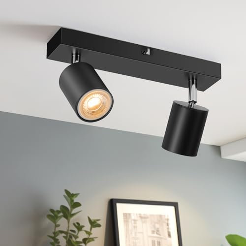 Schiele Deckenstrahler 2 Flammig Schwarz, GU10 Deckenlampe Strahler Schwenkbar 350°, Modern Spotleuchte Wandspot, Drehbar Deckenspots für Küche, Schlafzimme (2-flammig-schwarz)