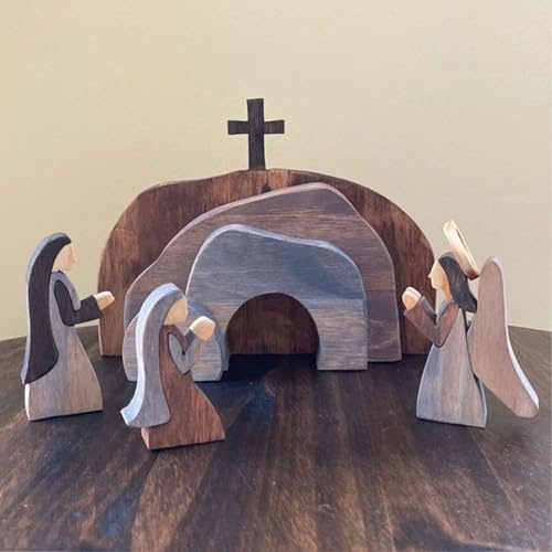 RXMORI Set Scena della Resurrezione di Pasqua, Decorazioni Pasquali in Legno Religiose per la Tavola di Casa, Ornamento della Scena della Resurrezione, Figurine della Tomba Vuota Cristiana in Legno Se