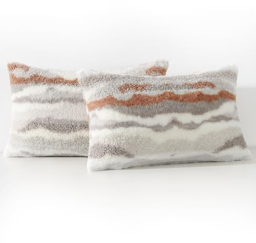 Madizz 2er Set Kunstpelz Fleece Zierkissenbezüge Dekorative Weich Kissenhülle Dekokissen Sofakissen Lendenkissen für Sofa Schlafzimmer Orange Taupe 40x80 cm