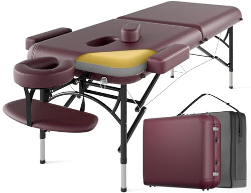 DOVANS Professional Massage Table Portable 2 Fold Premium Memory Foam Aluminium Leg Hold Up to 1100LBS 8 Heights Adjustable with Carrying Bag Burgundy