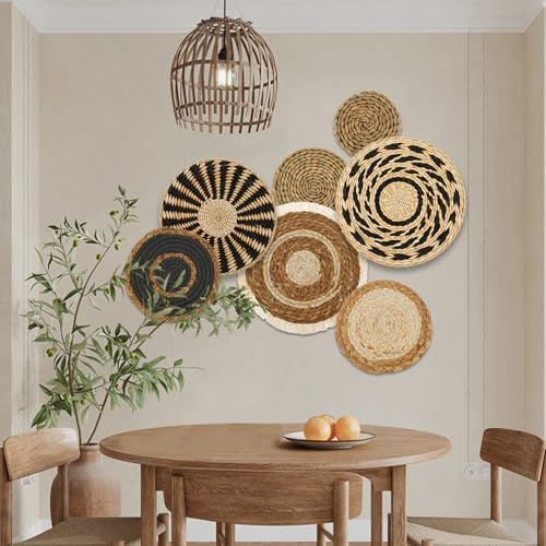 KTCINA 7 cestas de mimbre bohemio para colgar, 5 tamaños, hechas a mano, tejido de ratán, decoración de pared, para sala de estar y dormitorio (7 piezas)