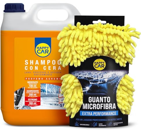 Happy Car - Kit Autolavaggio Guanto e Shampoo 5L - Cera Auto - Lucidante e Protettivo per la Carrozzeria - Concentrato - Accessori Completi - Profumo di Agrumi