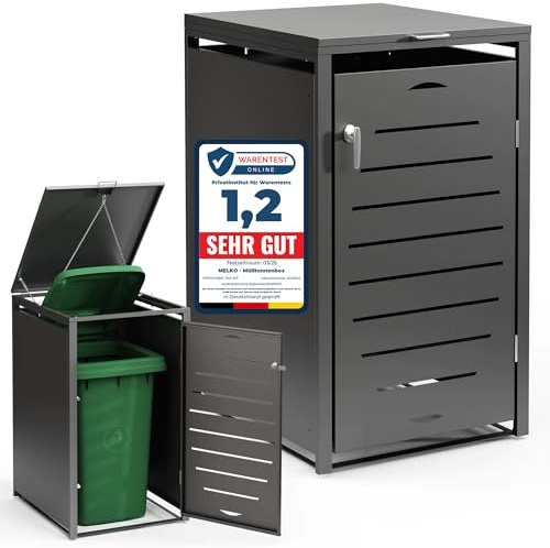 Melko Mülltonnenbox Mülltonnenverkleidung für 1 Tonne 240L Stahl Anthrazit | Automatikdeckel mit Gasdruckdämpfern, pulverbeschichtet und verzinkt, Belüftungsschlitze, inkl. Montagesatz mit Wasserwaage