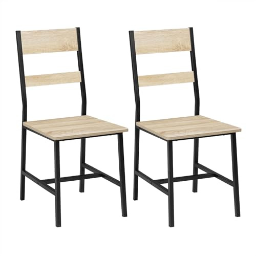 Klihome Dining Chairs Set of 2, Ergonomic Kitchen Chairs Made of Metal Frame and Engineered Wood, for Living Room, Kitchen, Balcony, Industrial Style, Light Oak Effect