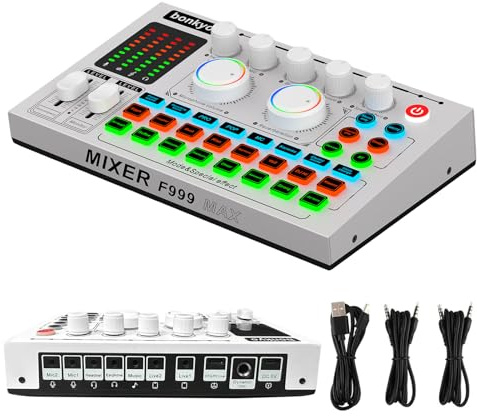 F999MAX Live Sound Card, RGB Lighting Effects, Professional Audio Mixer & Noise Reduction, Metal Body & Indicator Panel, Audio Interface & Voice Changer, DJ Mixer for Live/Gaming/Podcasting/Karaoke