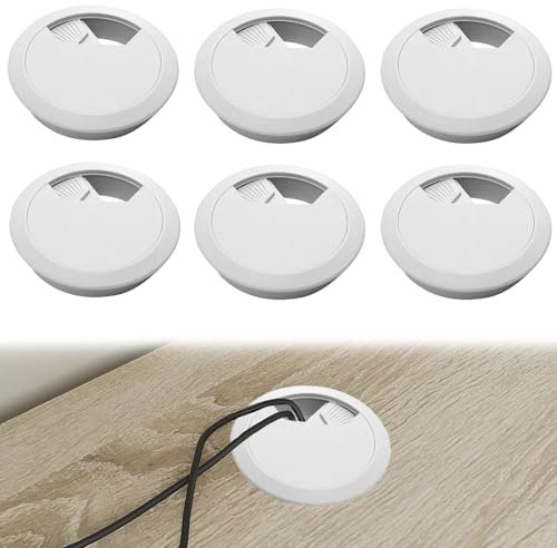 Huybaa 6 Pezzi Passacavo per Scrivania Bianco, Copricavo da Scrivania da 50 mm, Copricavo in Plastica per Tavoli, Copricavo per Cavo Rotondo