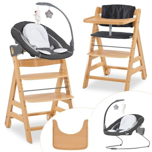 hauck Chaise Haute Bébé Alpha Move avec Siège Nouveau-né Deluxe - Natural | Chaise haute évolutive en bois, de la naissance à 90 kg, inclus assise avec arche éveil bébé, coussin, tablette repas, roues