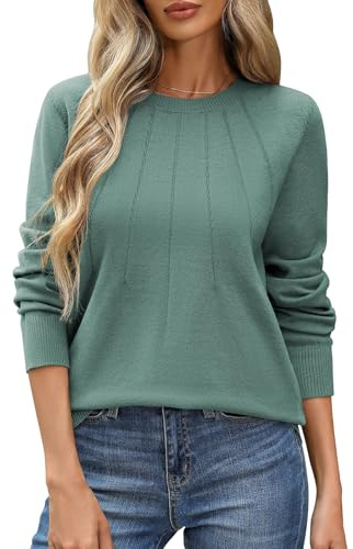 PASUDA Women's Jumpers Long Sleeve Tops Ladies Elasticated Loose Top Lightweight Knit Jumper Casual Round Neck Chest Striped Pattern Pullover Solid Colours Sweater Sweatshirts (Light Green, L)