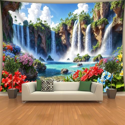 WIERAEM Wald Wandteppich Natur Wasserfall Wasser Wandtuch Groß GrüN Blumen Landschaft Wandbehang Geeignet für Wohnzimmer Schlafzimmer und Arbeitszimmer Dekoration 300X180cm