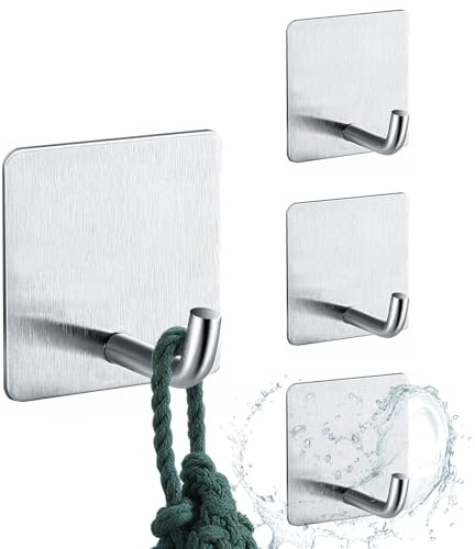 Mandouer 4 Stück Handtuchhaken Ohne Bohren, Edelstahl Klebehaken Silber | Wandhaken selbstklebend, wasserfest und rostfrei, hält bis zu 6kg, für Bad, Toilette und Küche