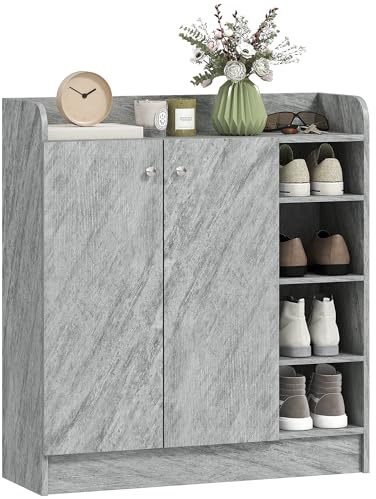 HOMCOM Meuble de Rangement à Chaussures pour entrée 12 Paires - Armoire à Chaussures avec 4 Compartiments Ouverts et Placard Double Porte - étagère réglable - 83L x 30l x 90H cm - Gris