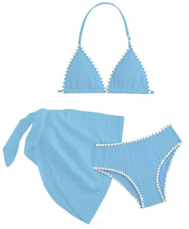 Ensemble Bikini Fille 3 Pièces avec Jupe Sarong, Maillot de Bain Deux Pièces à Bretelles Réglables, Tenue de Plage et Piscine pour Filles 8–12 Ans