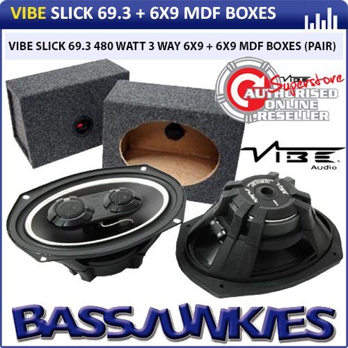 Vibe Slick 6x9 480w 3-Way Car Speakers + MDF 6x9 Speaker Box Enclosure Pair