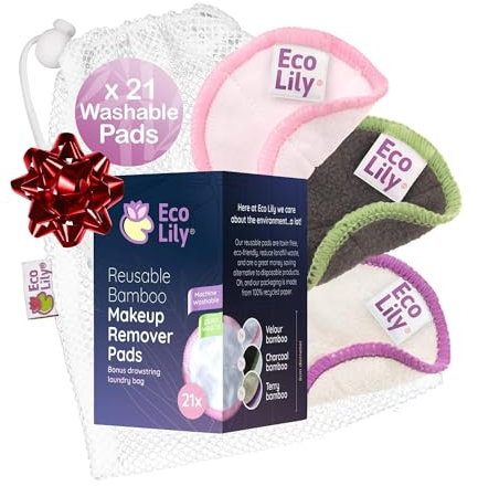 Eco Lily­® 21 Dischetti Riutilizzabili per Rimuovere il Trucco, struccanti Lavabili, in Cotone e Bambù, per Viso e Occhi, con Sacchetto BONUS per il Bucato