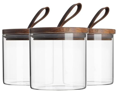 Argon Tableware Scandi Storage Jars with Leather Loop Lids - 550ml - 3 Pack - Modern Round Organisation Container Glass Jar for Kitchens, Pantry, Bathrooms, Utility Rooms