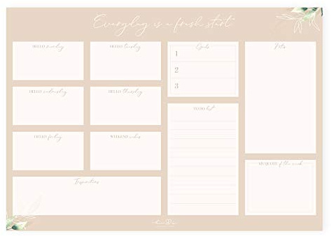 Him & I® - Schreibtischunterlage Everyday is a fresh start - Schreibunterlage aus Papier zum Abreißen, 50 Blatt, Malunterlage, To-Do-Liste, Wochenplaner