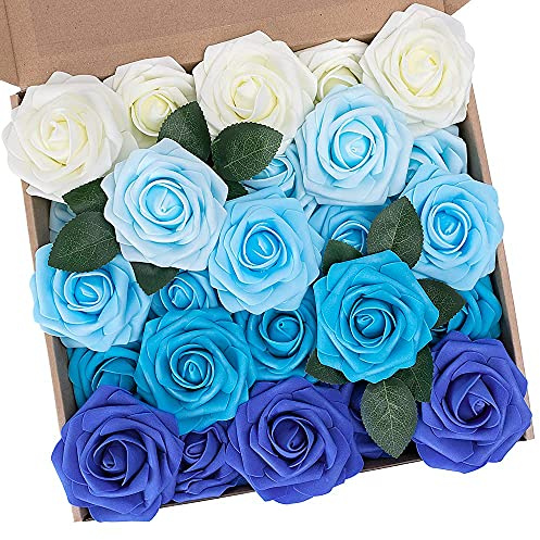 N&T NIETING Künstliche Blumen Rosen, 25 Stück Deko Blumen für Home Party | Fake Rosen mit Stielen,DIY Hochzeit Blumensträuße Partytische Heimdekorationen Braut Zuhause Dekoration, Gemischtes Blau
