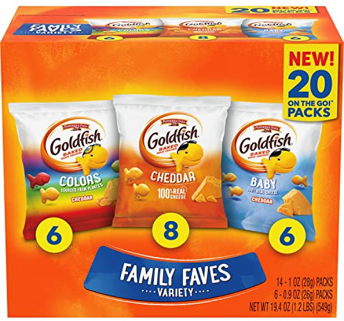 Goldfish Family Faves Lot de 20 crackers, cheddar, couleurs et papillotes pour bébé