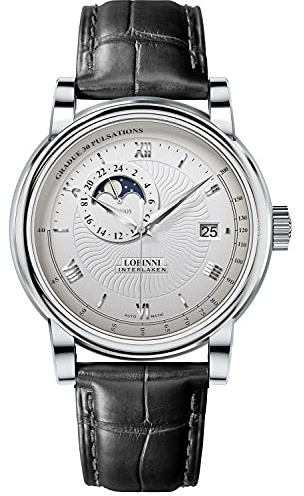 LOBINNI Herren-Armbanduhr mit Mondphase, Edelstahl, automatisch, mechanisch, analog, Business, Freizeit, Mode, Luxus, Kalenderuhr