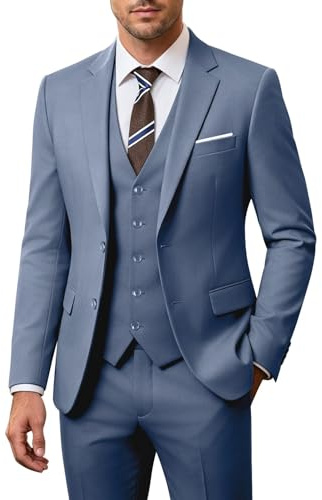 ZKHOECR - Conjunto de Traje Entallado de 3 Piezas para Hombre, Chaqueta Blazer de Dos Botones, Color Liso, Chaleco, Pantalones, Traje de Boda y Negocios, Azul Denim, Small