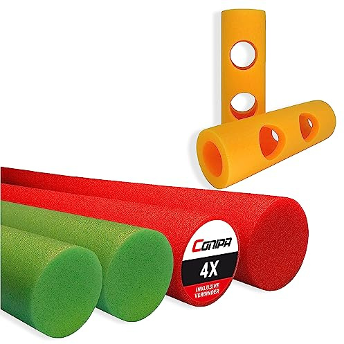 Conipa® - 4 Stück Schwimmnudel (160 x 7 cm) für Kinder & Erwachsene INKL. Loch-VERBINDER (Schaumstoff) - Poolnudel Set ab 3-10 Jahre (Made IN Europe) - Pool Wassernudel & Spielzeug
