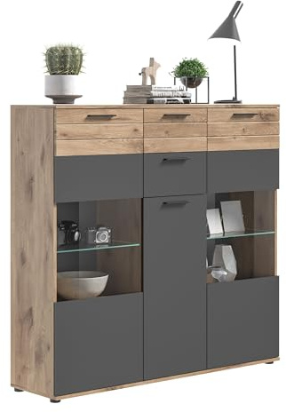 xonox.home - Highboard Mason 140x134x37 cm in Nox Eiche und Basalt grau - Sideboard Kommode Stauraumschrank - funktional Pflegeleichte Oberfläche