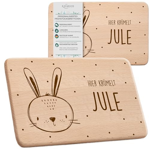 Kidsmood Frühstücksbrettchen mit Namen – Holzbrettchen & Gravur für Osterfrühstück mit zauberhaftem Pünktchenhase – Ostergeschenk für Kinder & Babys