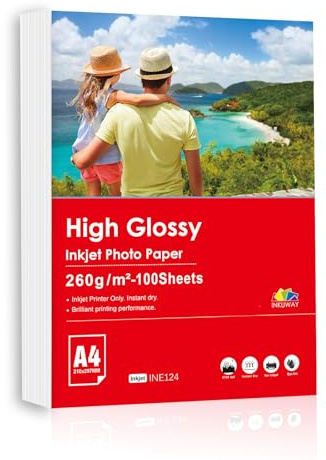 Inkuway dickes, glänzendes Fotopapier, 260 g/m², A4, 100 Blatt, Inkjet-Papier für Kartendruck, Fotodruck, DIY-Druck