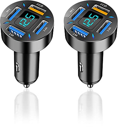 2Pcs 66W Fast USB Car Charger Fast Charge with Voltmeter LED Light Display Car Charger Adapter Compatible for iPhone 14/13/12/11pro/x/8/S22/S22+/Ultra/S21/S10/S9 (2Pcs Black)