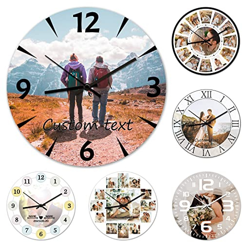ＨＡＯＡＮＧＺＨＥ Personalisierte Foto Wanduhr, Personalisierte Wanduhr aus Holz mit Fototext, Fügen Sie Ihr Bild/Foto/Logo/Jedes Design Hinzu, Geschenk für Mama Papa Freunde & Familie