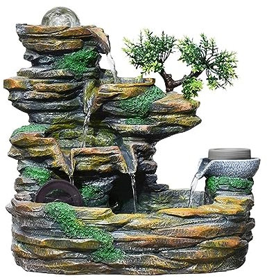 BebeXi fontanella da scrivania fontanella Zen Interni Fontana da Tavolo 16,9 Pollici Giardino roccioso Fontana da Tavolo Ruota idraulica Paesaggio Decorazione Cascata in Resina Bonsai