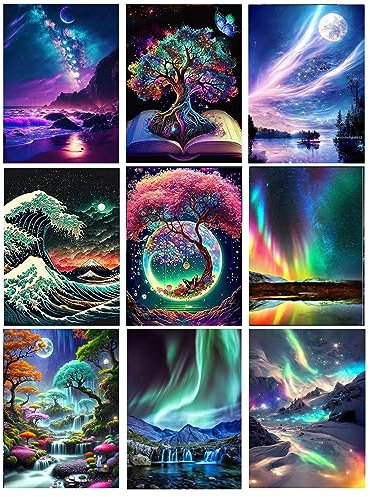 9-Pack Landschaft Diamond Painting Kits für Erwachsene, 5D DIY Aurora mit Baum Diamond Art Kits für Anfänger Runde volle Bohrer Paint by Diamonds für Home Wall Decor Geschenk12X16Inch