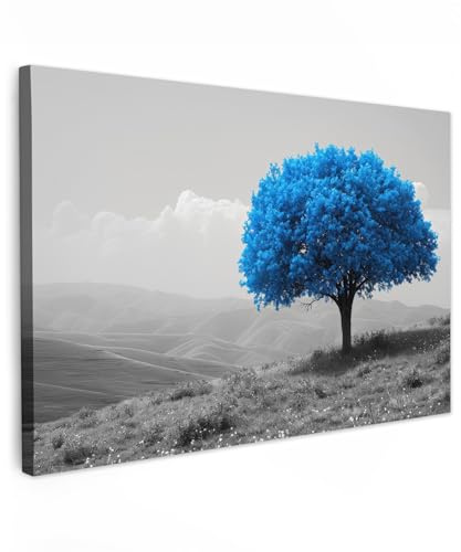 MuchoWow© Leinwand Groß XXL Deko Schlafzimmer Aesthetic Leinwandbilder | 120x80 cm - Wohnzimmer Gemälde Foto Geschenk Living Room Decoration Baum - Natur - Blau - Schwarz-Weiß