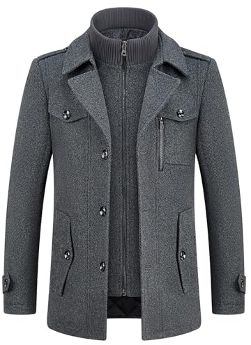 KUDORO Men's Winter Coat Warm Padded Casual Overcoat With Removable Collar | Wool Blend Casual Business Thick Peacoat Mid-Length Jacket with Multi Pockets Dual-Layer Knit Mock Neck Outerwear