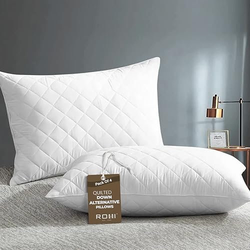 Rohi Luxury Microfibre Quilted Pillows 4 Pack Hotel Quality – 100% Down Alternative Filled Bed Pillows for Back, Front & Side Sleepers – Breathable & Anti Allergy Pillow Pack of 4 (45cm x 66cm)
