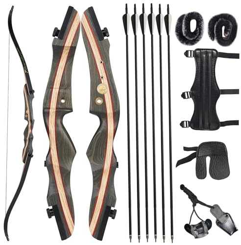 62 Recurvebogen Set,Takedown Recurve Bogen mit Pfeile Sportbogen Holzbogengriff für Rechtshand Jagd Zielschießen 20-50 lbs (50 lbs)