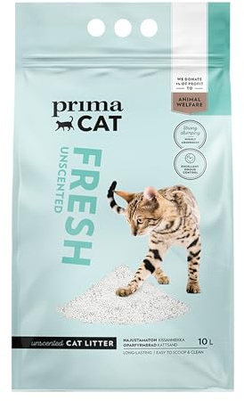 PrimaCat – Hygienisk oparfymerad kattsand, långvarig lera, 10 L (8,7 kg) – Amazon-exklusiv