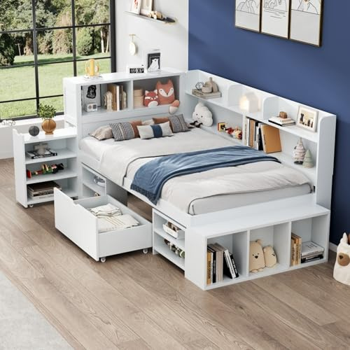 Kinderbett 90x200, multifunktionales Stauraumbettt - Schubladen und Bücherregal und Stauschrank, Bett mit Lattenrost, Einzelbett Jugendbett Funktionsbett, Bettgestell aus Holz, ohne Matratze, Weiß