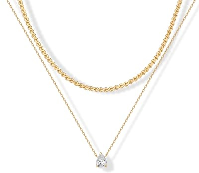 PAVOI 14K Yellow Gold Plated Serpentine Chain Choker with Solitaire Pear-Cut Stone Pendant Layering Necklace Pack for Women | Cubic Zirconia Statement Layered Necklace Set