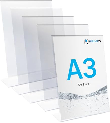 SPRINTIS Tischaufsteller A3 hoch (5 Stück) - für Inhalt 29,7 x 42 cm, L-Aufsteller aus glasklarem Kunststoff für Hochzeit & Restaurant, Werbeaufsteller Din A3 schräg, Menükartenhalter Hochformat