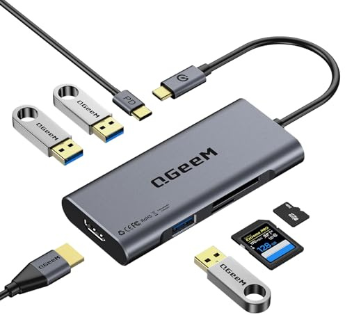 QGeeM USB C Hub, USB C auf HDMI Adapter, 4K 7 in 1 USB C Dongle mit 100W Stromversorgung, 3 USB 3.0 Anschlüsse, SD/TF-Kartenleser, kompatibel mit iPhone 15, Promax, MacBook und mehr Typ-C-Geräten