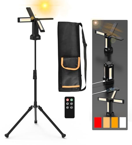 Projecteur LED Chantier Solaire Rechargeable 13200 mAh avec Trépied et Sac de Transport, Lampe de Chantier à Intensité Variable en Continu 8000 Lumens, Blanc/Chaud/Naturel (SOS) (avec télécommande)