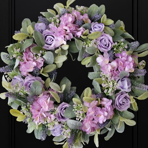 CIR OASES Artificial Spring Wreath for Front Door 22 Inch, Greenery Lamb's Leaves Summer Wreaths with Purple Hydrangeas Roses Lavender for Home Farmhouse Outdoor Indoor Party Wall Windows Decor