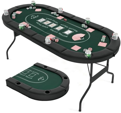 COSTWAY Table de Poker Pliable 182 cm pour 8 Joueurs, de Jeu de Cartes Avec Porte-gobelets en Métal & Rails Rembourrés, de Casino pour Salle de Jeux, Maison