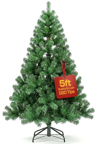 KLASS 5ft Christmas Tree 580 Tips Lush Xmas Tree, Premium PVC Realistic Artificial Christmas Tree With Metal Stand, Green Christmas Trees in 4ft, 5 ft, 6ft & 7ft Sizes Perfect Christmas Decoration