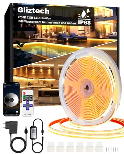 Gliztech 15M Tira LED COB impermeable IP68, 2700K Autoadhesiva Blanco Tira LED para exteriores con alimentación de 24V, BT APP y Control Remoto para Aleros, Jardines, Piscinas, Terrazas, Cocinas