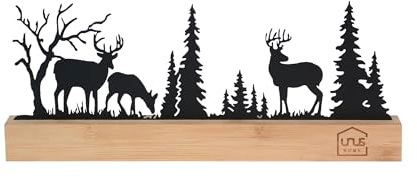 UNUS Aufsteller Hirsch Wald Silhouette Deko aus Bambusholz und Metall | Moderne Tisch- und Fensterdeko mit 3 Hirschen und Bäumen Schwarz